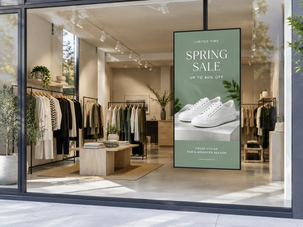 Vertical promotional screen in a retail shop window